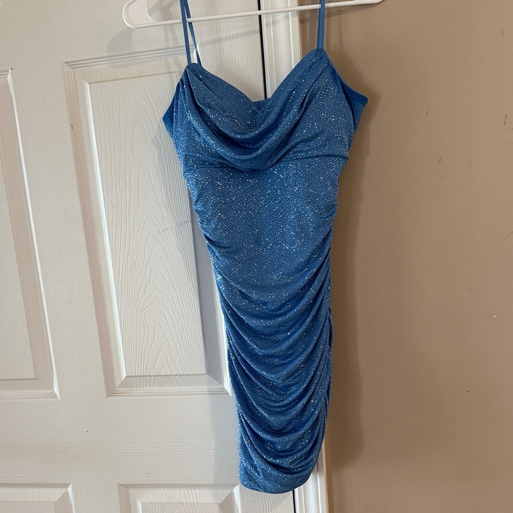 Elegant Blue Draped Dress. Perfect for homecoming or winter dances